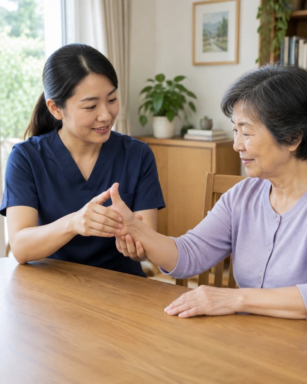 A clinician in navy scrubs holding an older woman's hand to examine her wrist at a dining table at home.