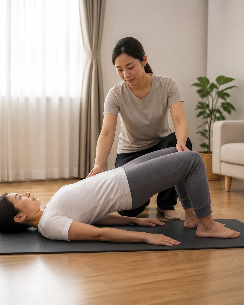 A physiotherapist guides a woman through a bridge exercise on a mat in her living room.