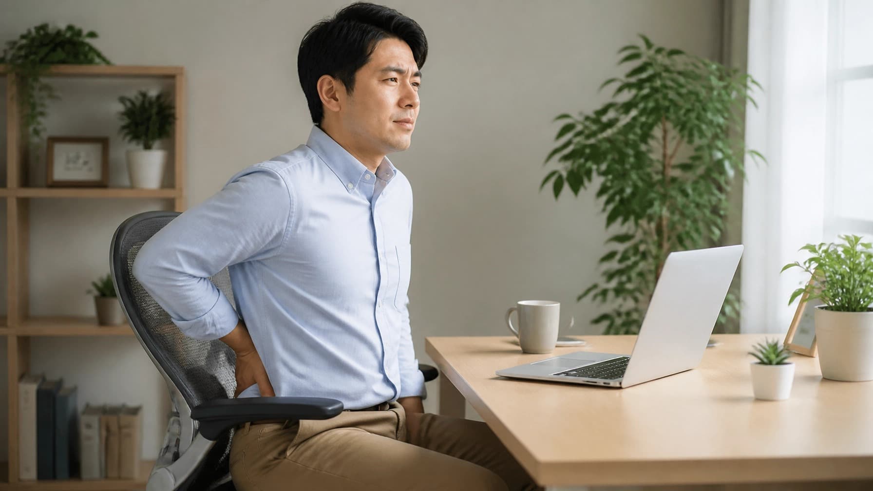 A man at a home-office desk pauses from his laptop and reaches a hand to his lower back.