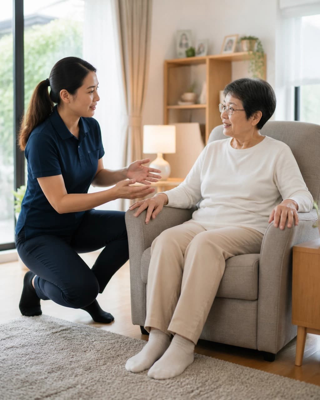 A physiotherapist kneels beside an older woman seated in an armchair at home, talking through her daily routine.