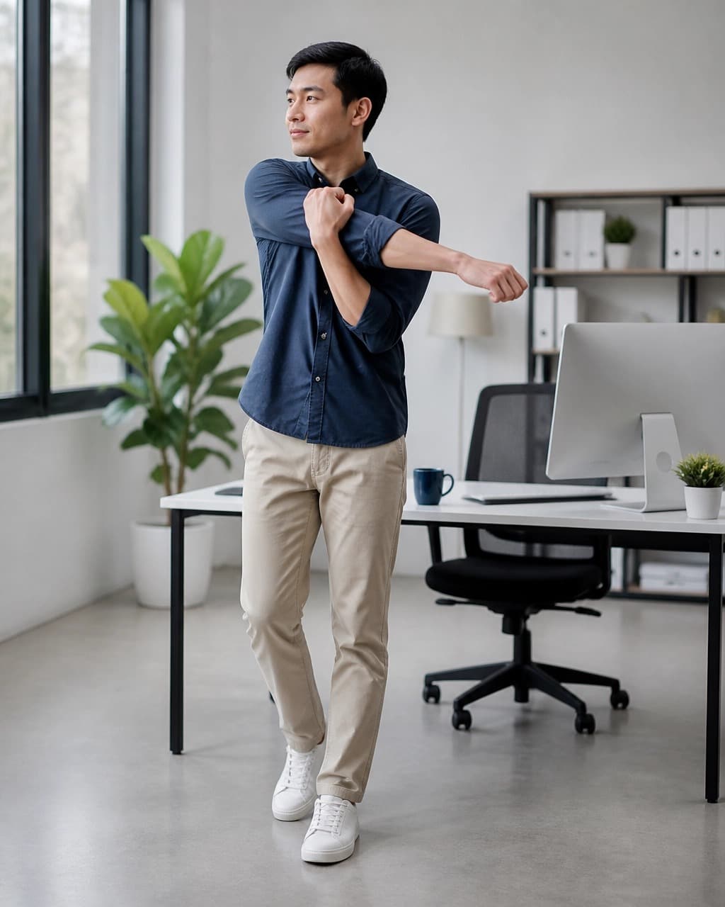 A man stands beside his desk stretching one arm across his chest during a short break from sitting.