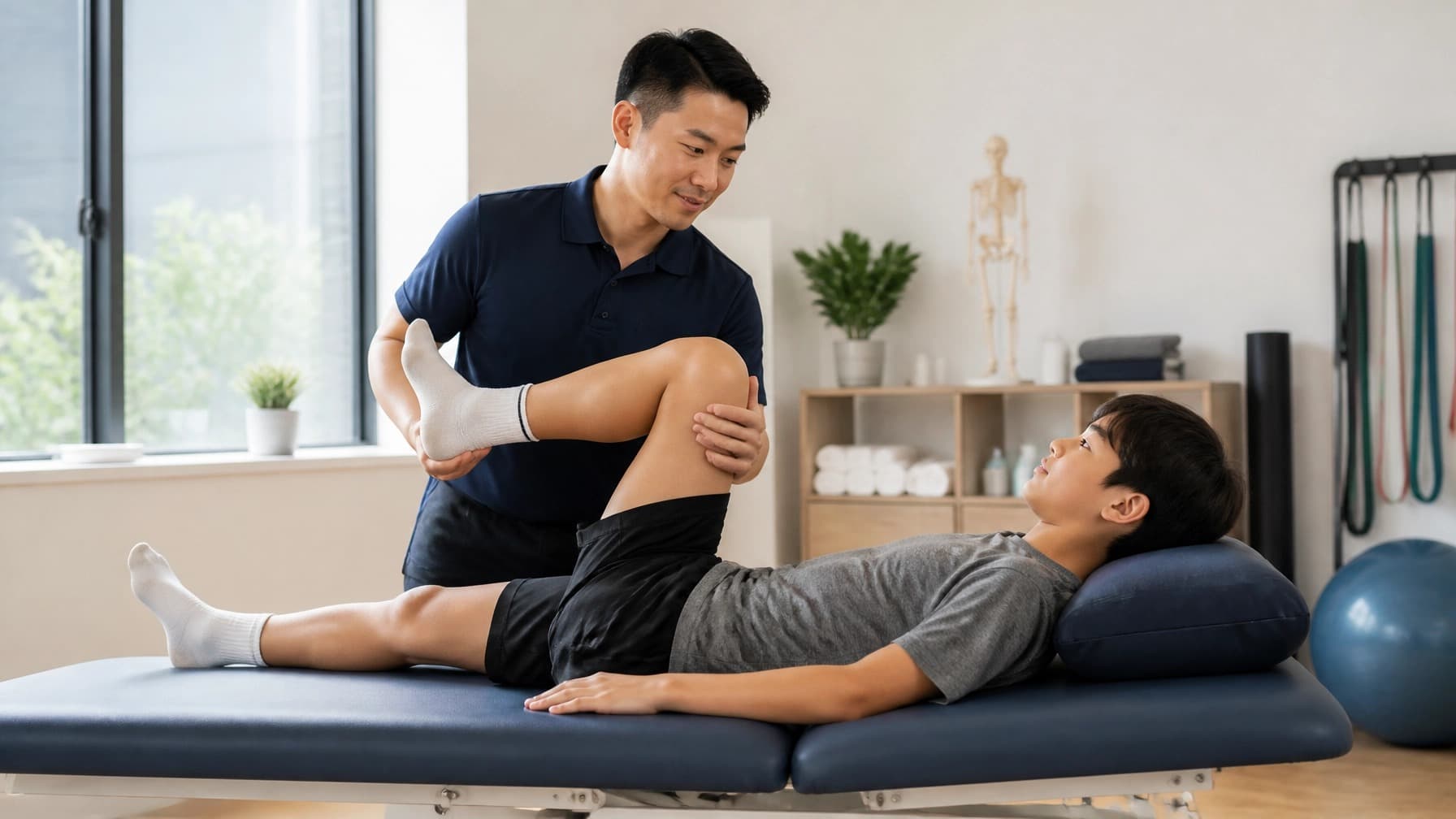 A physiotherapist examines a teenage boy's knee and shin while he lies on a treatment table.