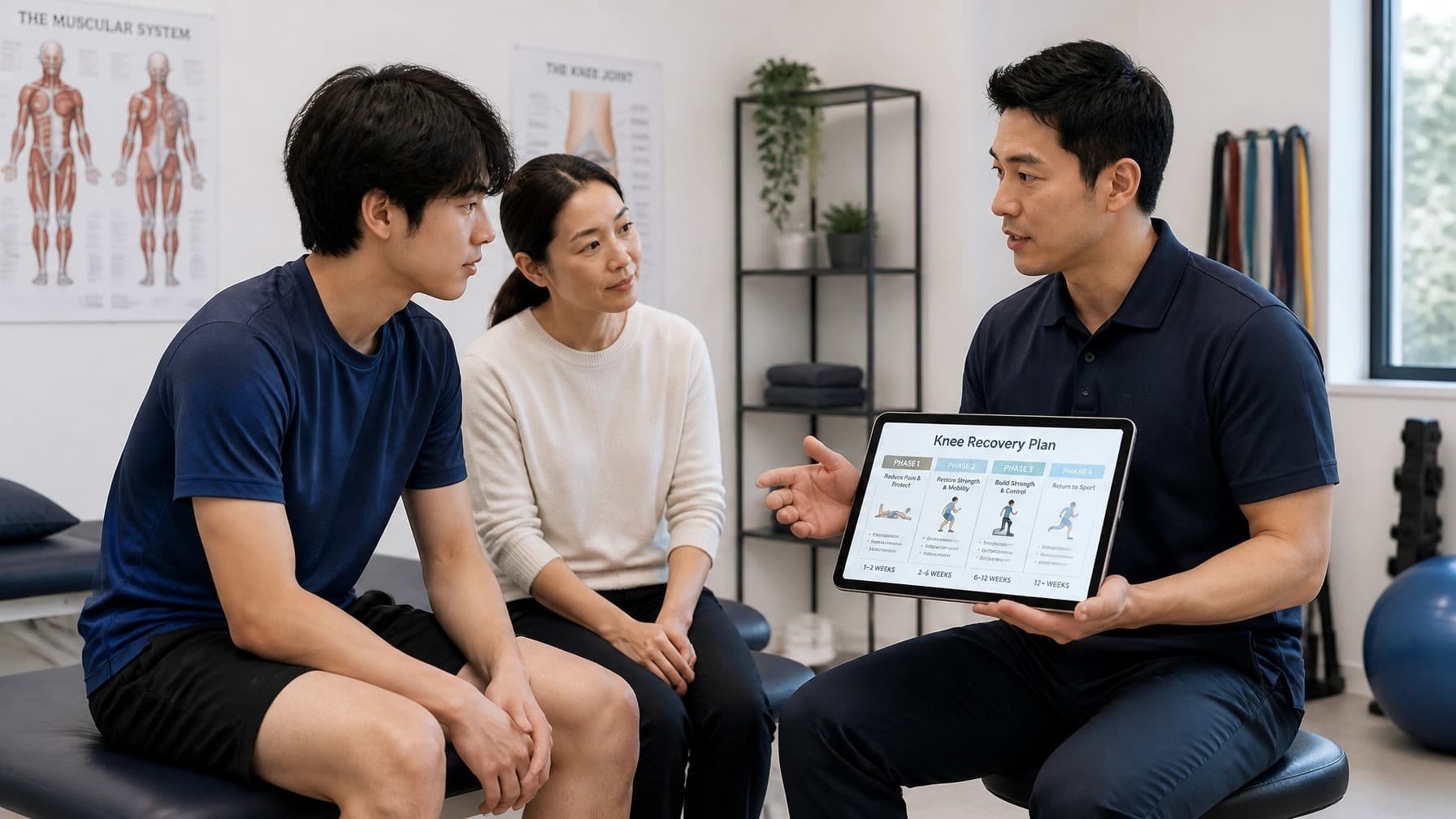 A physiotherapist points to a tablet screen showing a knee recovery plan while a woman and teenage boy look on.