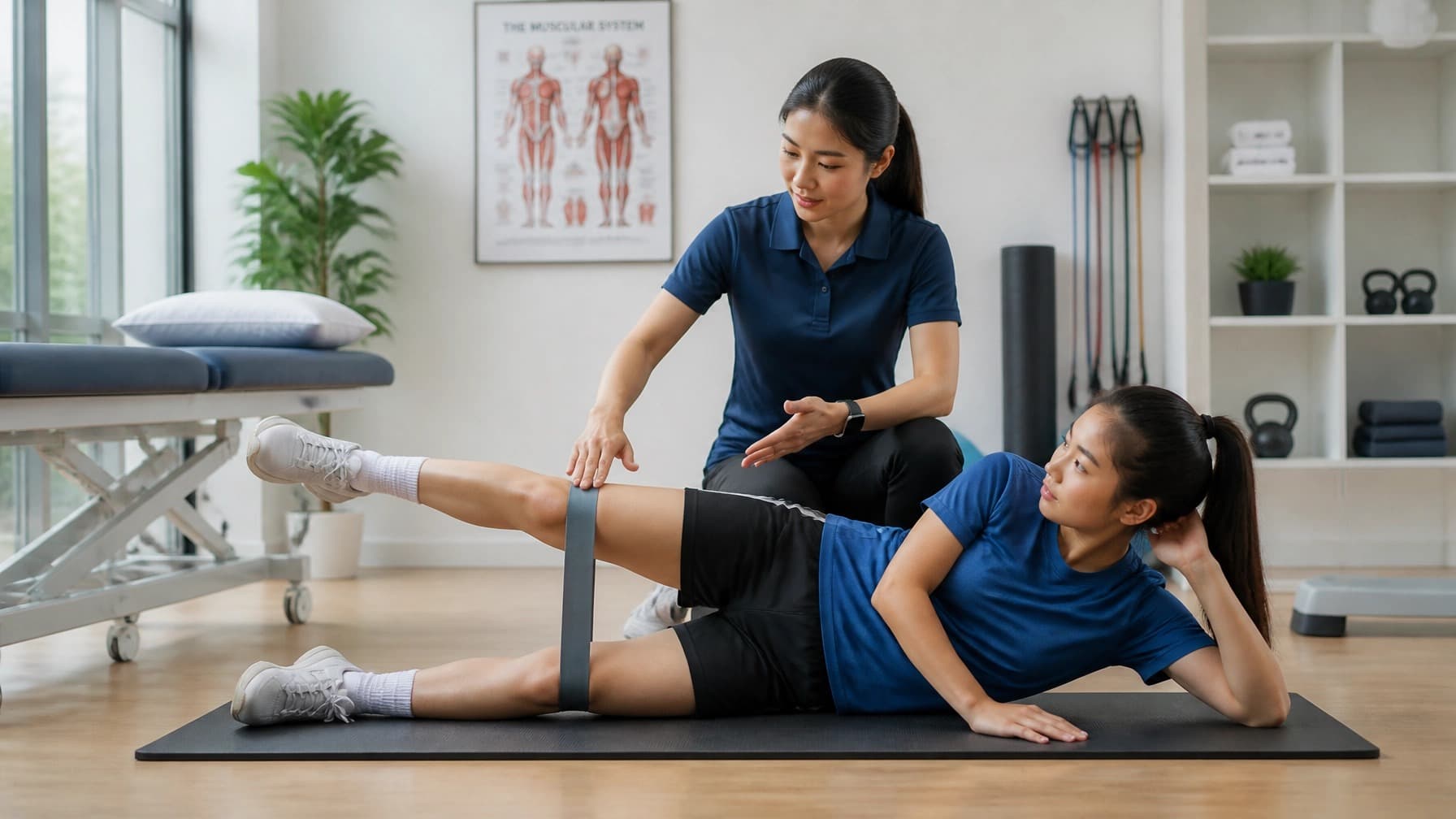 A physiotherapist guides a young woman through a resistance-band hip exercise on a mat.