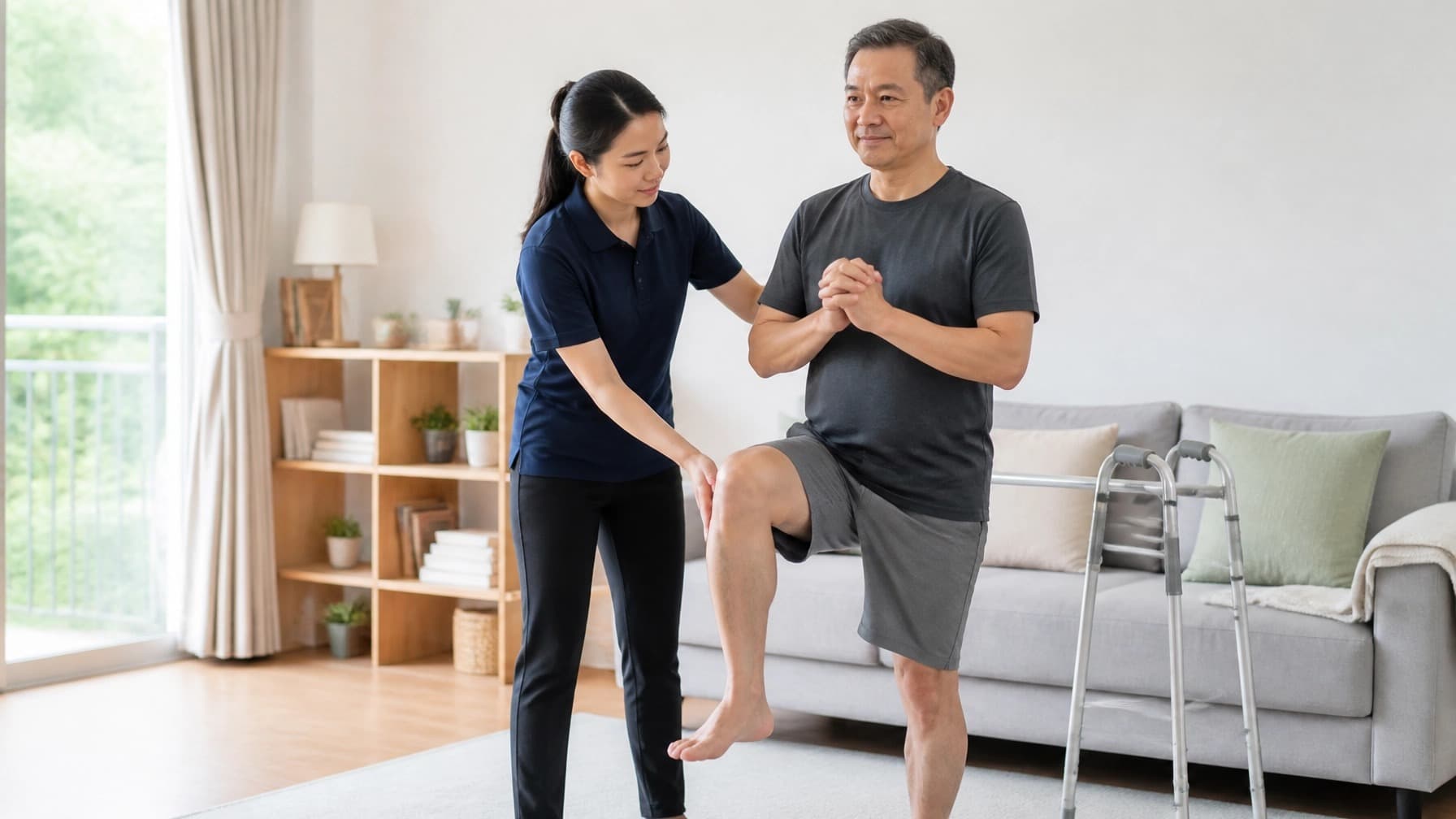 A physiotherapist supports a man practising a standing knee raise in his living room, with a walking frame beside him.