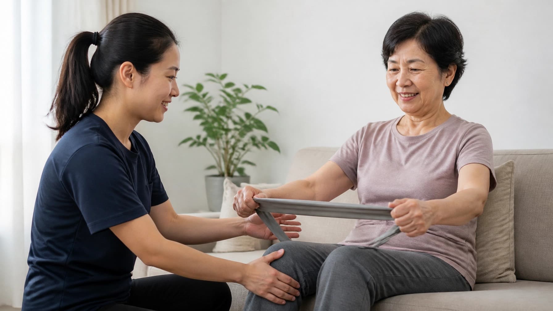 A physiotherapist guides an older woman through a seated resistance-band exercise on her lounge.
