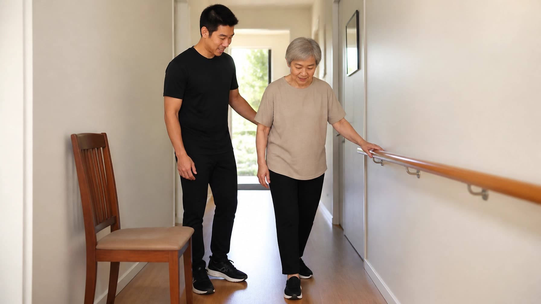 A physiotherapist walks beside an older woman as she practises walking along a hallway handrail.